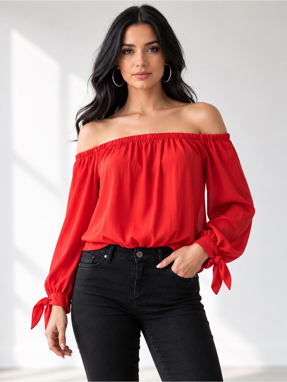 Premise Studio Red Off Shoulder Blouse Women M Tie Sleeve Long Sleeve Top